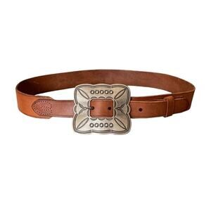 Brown Leather Floral Silver Tone Buckle Belt size medium